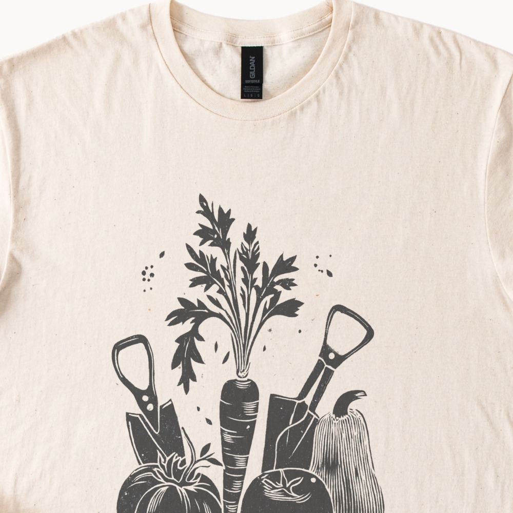 Vintage Garden Tools and Produce Graphic Tee Natural Botanical Art